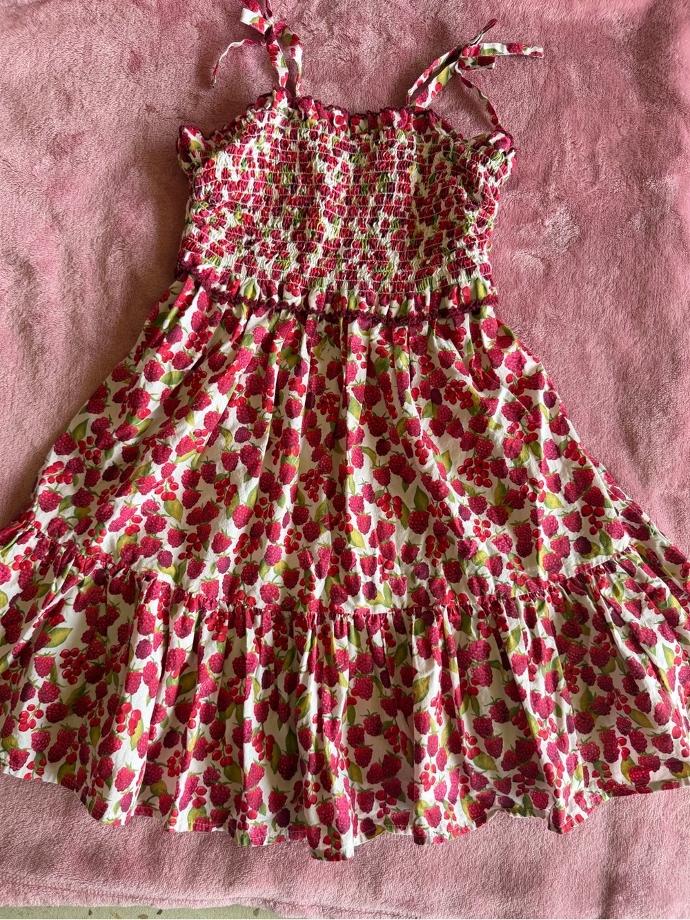 Crewcuts Pink Strawberry-Print Sundress with Green Leaf Accents